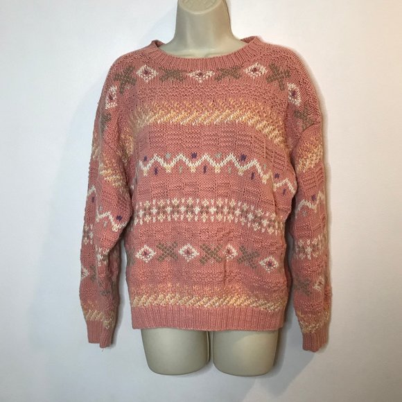 L.L. Bean Sweaters - L.L. Bean Vintage MEDIUM M Pink Knit Floral Sweater Long Sleeve Crewneck